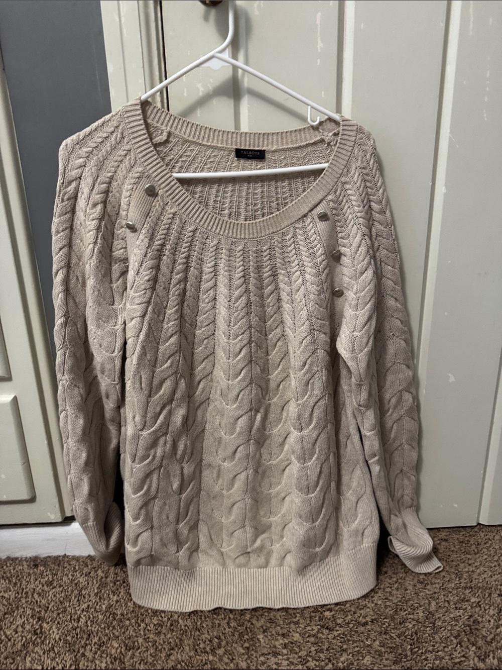Talbots Beige Cable-Knit Sweater with Shoulder Buttons
